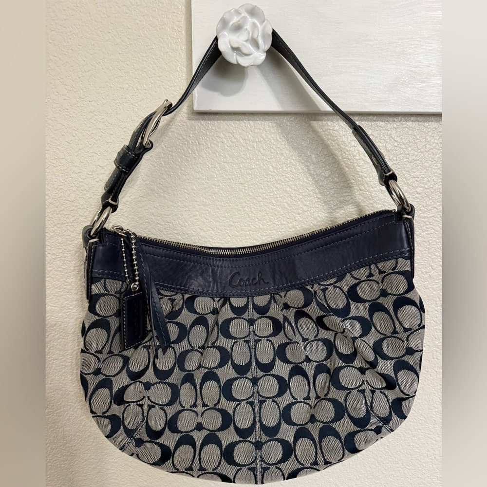 Coach Dark Blue and Beige Signature Shoulder Bag